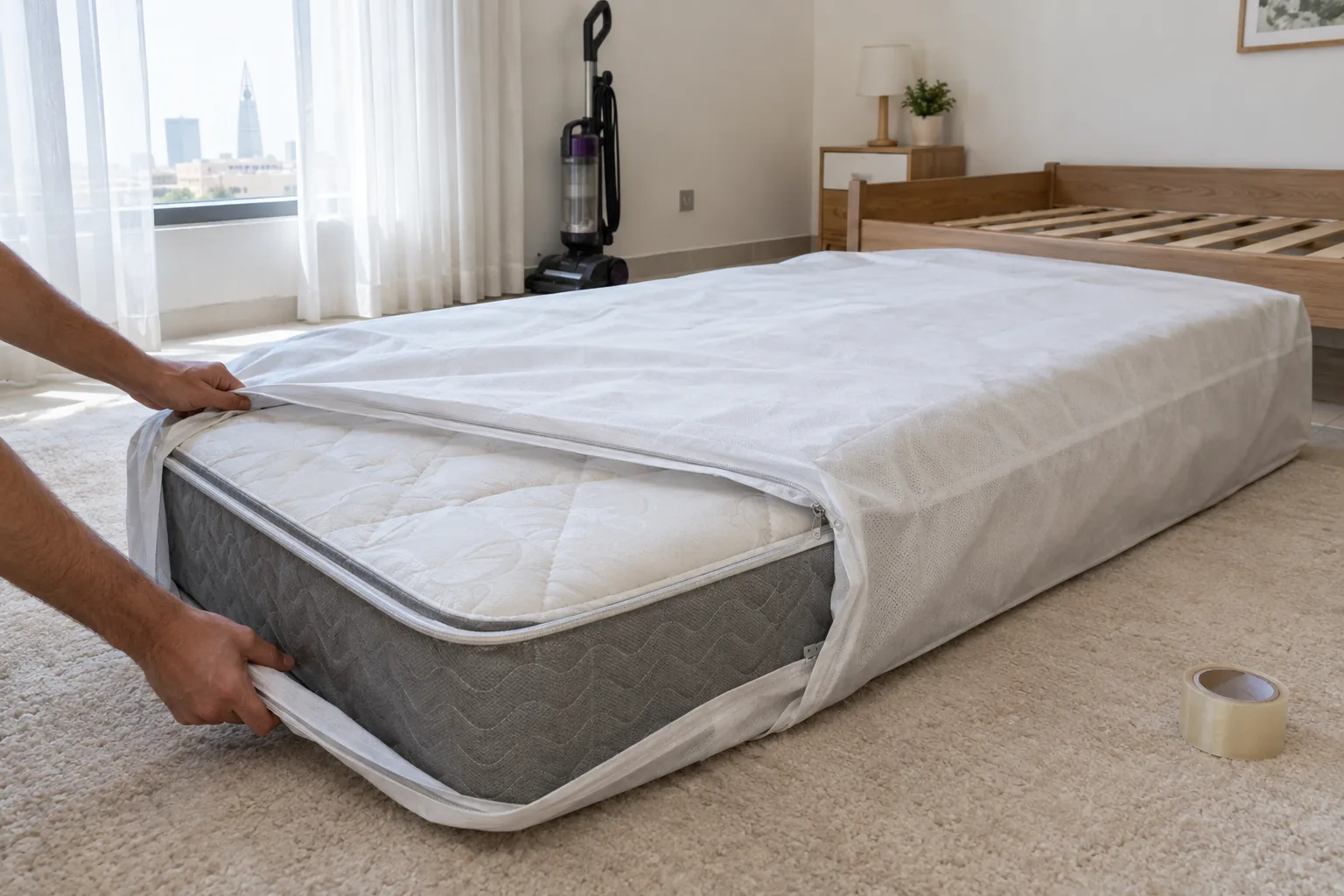 A mattress being slid into a white breathable storage bag on a bedroom floor